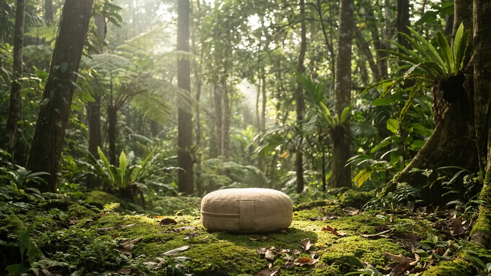 Sunlight filtering through trees onto a meditation cushion in a serene forest