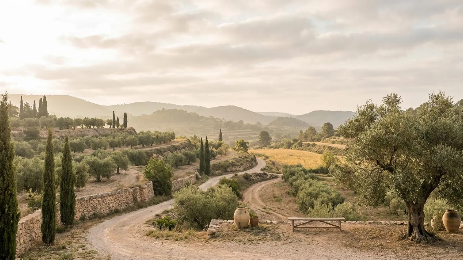 Serene Valencian landscape with olive trees and distant mountains under a soft sky