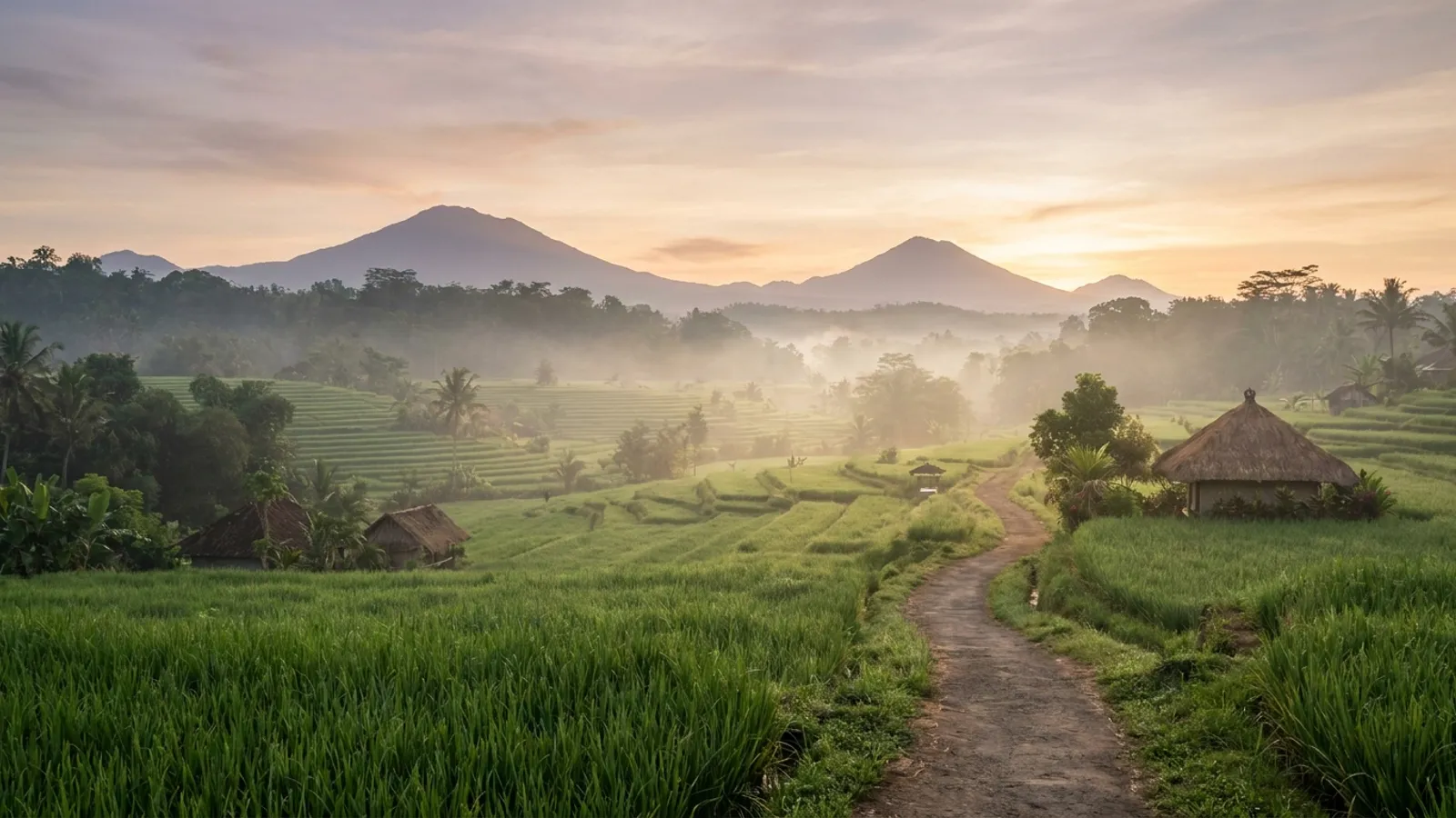 Calm, serene image of a tranquil natural landscape with a hint of morning mist, soft light, no people, suitable for a silent retreat guide.
