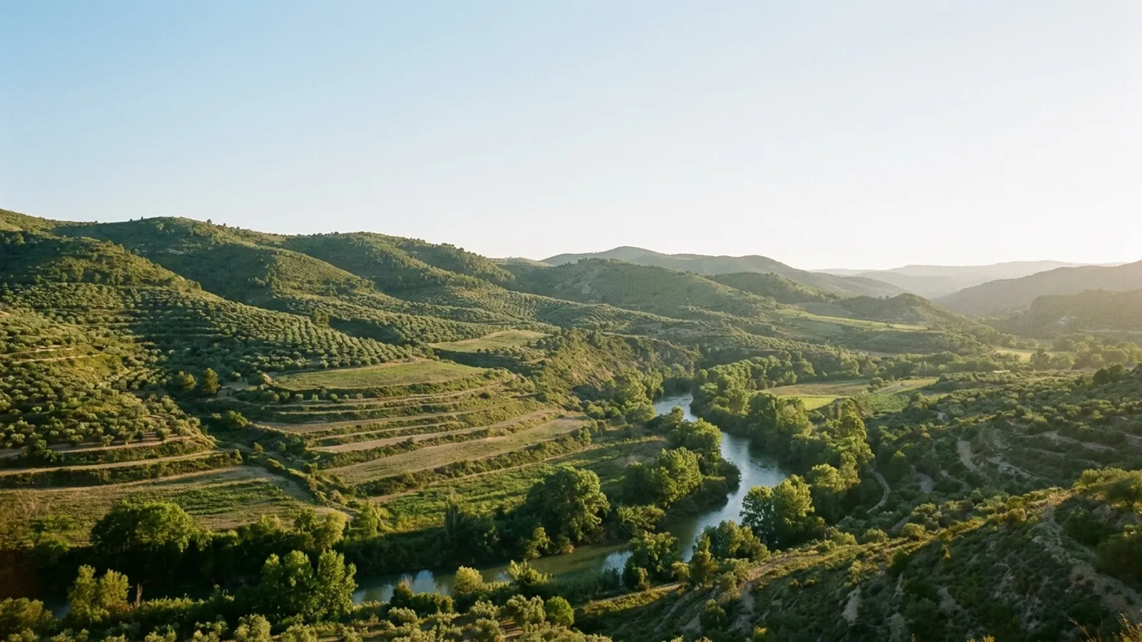 Rolling hills and a tranquil valley under a clear sky in rural Valencia