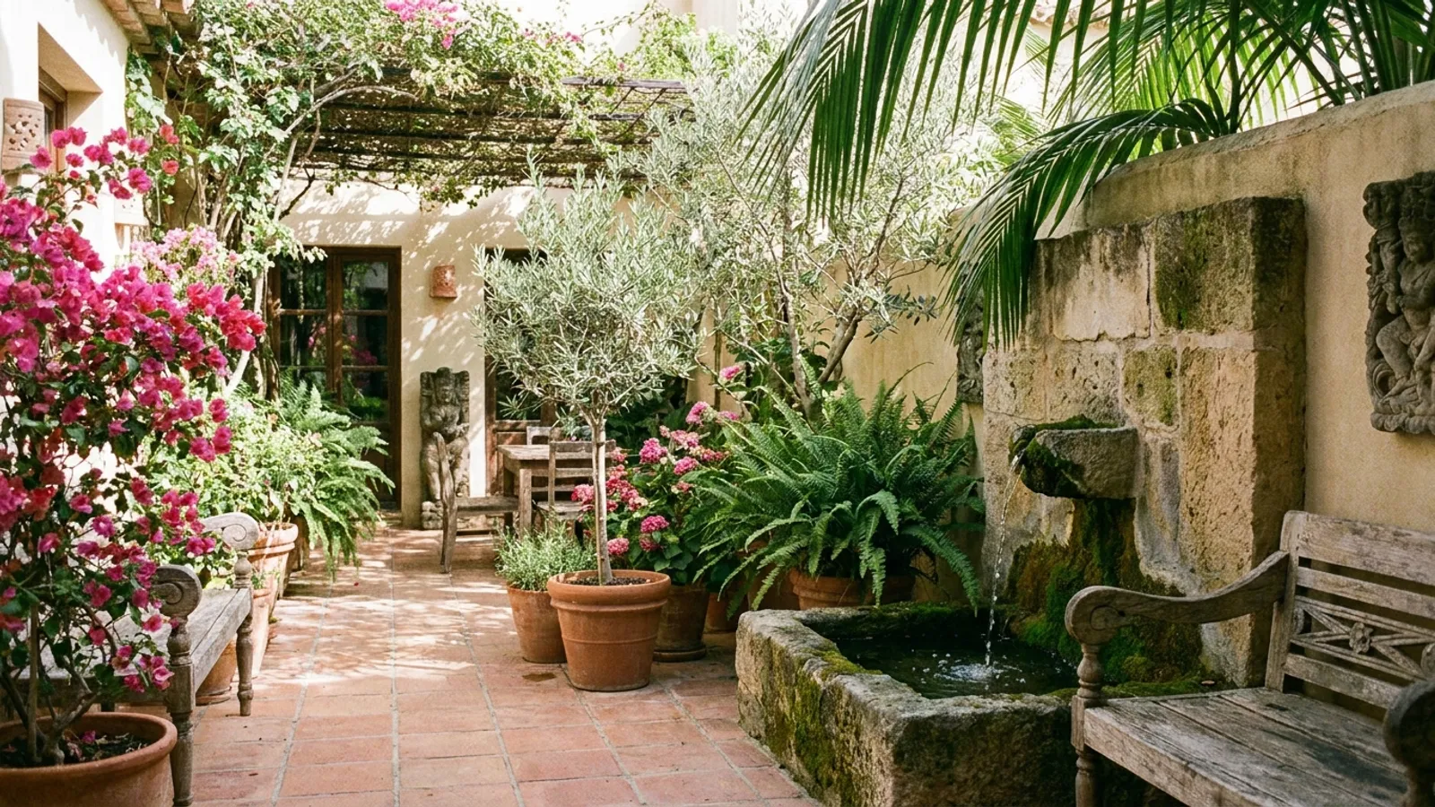 Serene image of a tranquil, sunlit courtyard with traditional Spanish tiles and lush green plants, possibly with a small fountain, evoking peace and introspection.
