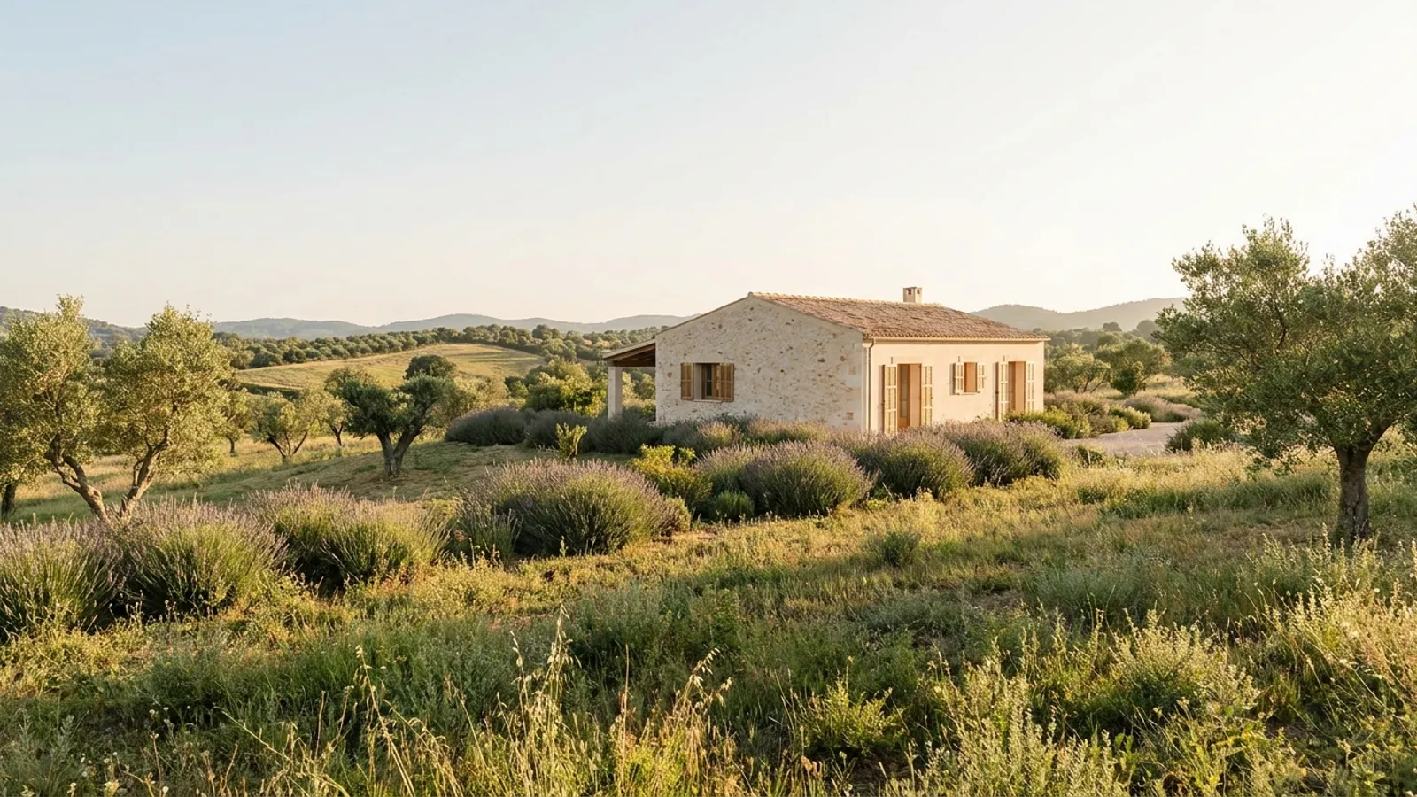 Serene Spanish countryside with rolling hills and a distant, tranquil building, bathed in soft morning light, evoking peace and meditation.